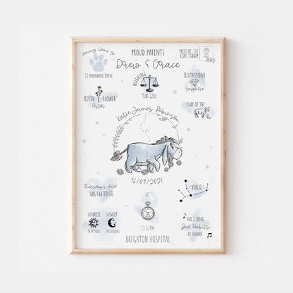 Eeyore | Personalised The Day You Were Born Newborn Print Winnie Pooh Disney Watercolour Bedroom Nursery Decor Baby Gift Mothers Day Pixar