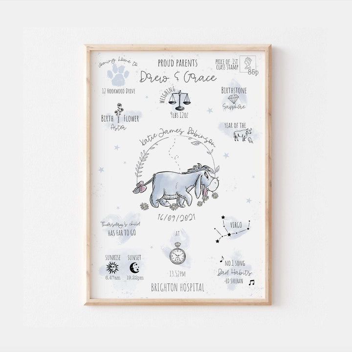 Eeyore | Personalised The Day You Were Born Newborn Print Winnie Pooh Disney Watercolour Bedroom Nursery Decor Baby Gift Mothers Day Pixar