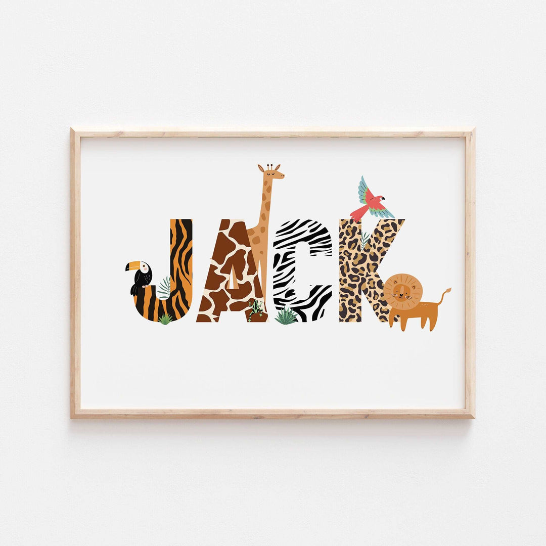 Personalised Animal Alphabet Name Print Safari Pattern Jungle Children’s Nursery Wall Art Decor Educational Kids Newborn bedroom poster