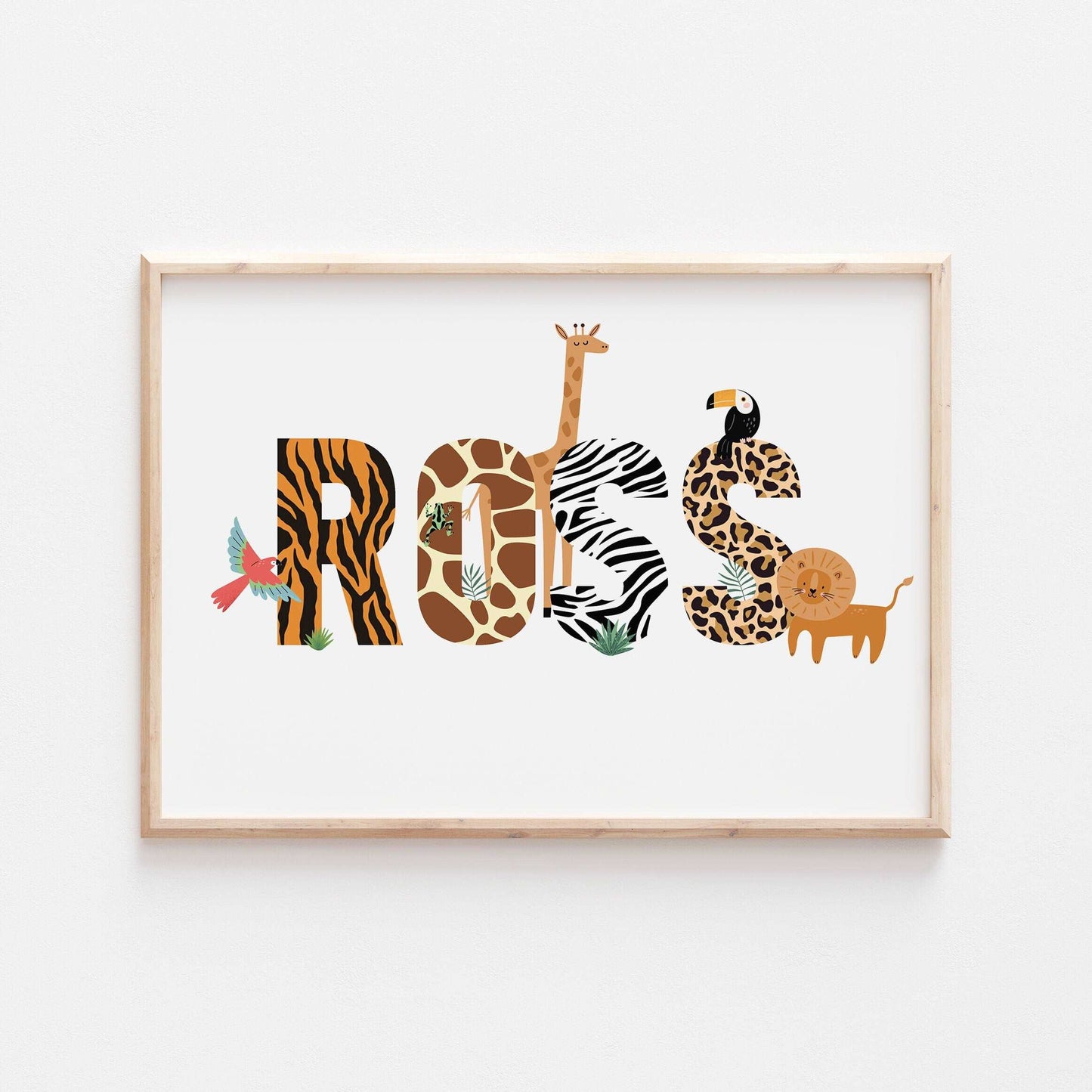 Personalised Animal Alphabet Name Print Safari Pattern Jungle Children’s Nursery Wall Art Decor Educational Kids Newborn bedroom poster