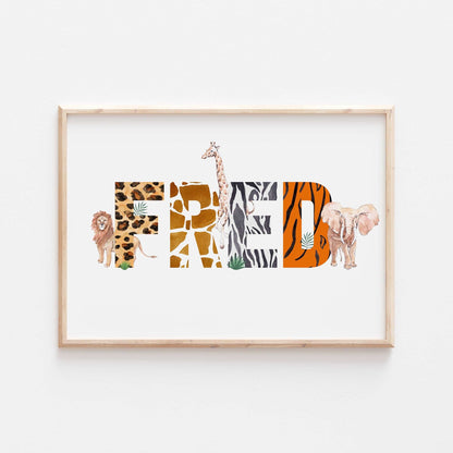 Personalised Animal Alphabet Name Print Safari Pattern Jungle Children’s Nursery Wall Art Decor Educational Kids Newborn bedroom poster