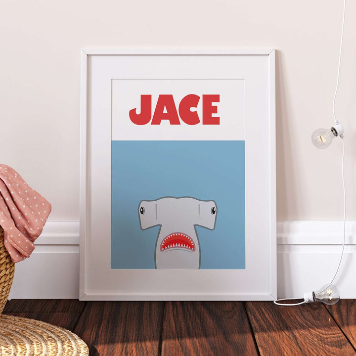 Personalised Jaws | Ocean Shark Name Print Children's Kids Bedroom Nursery Decor Wall Art Water Hammerhead Great White Tiger Marine Movie