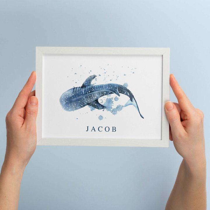 Personalised Whale Shark | Watercolour Ocean Shark Name Print Children's Kids Bedroom Nursery Decor Wall Art Marine Life Sea Creatures