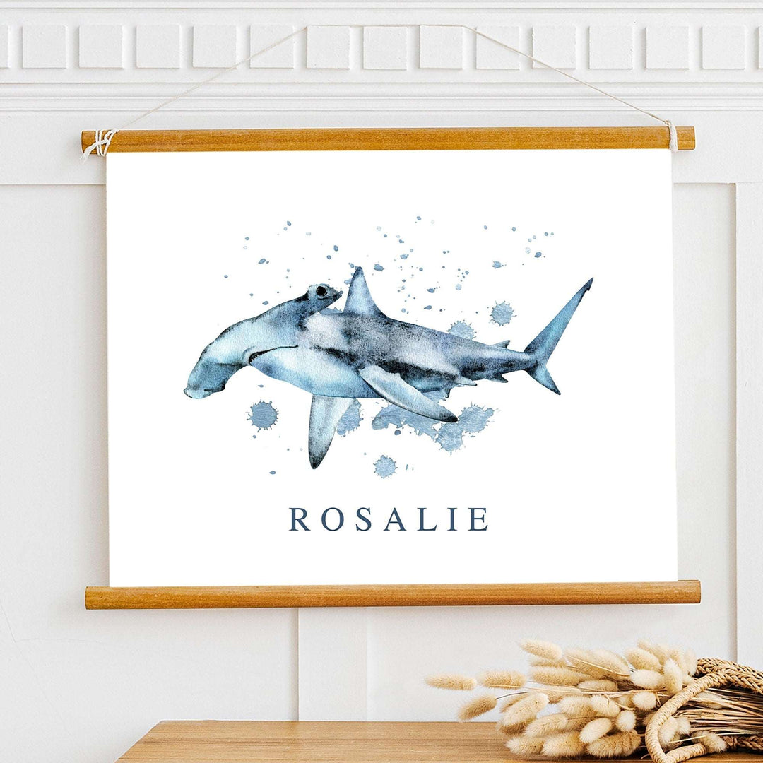 Personalised Hammerhead Shark | Watercolour Ocean Shark Name Print Children's Kids Bedroom Nursery Decor Wall Art Marine Life Sea Creatures