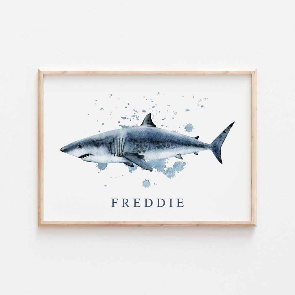 Personalised Great White Shark | Watercolour Ocean Shark Name Print Children's Kids Bedroom Nursery Decor Wall Art Marine Life Sea Creatures