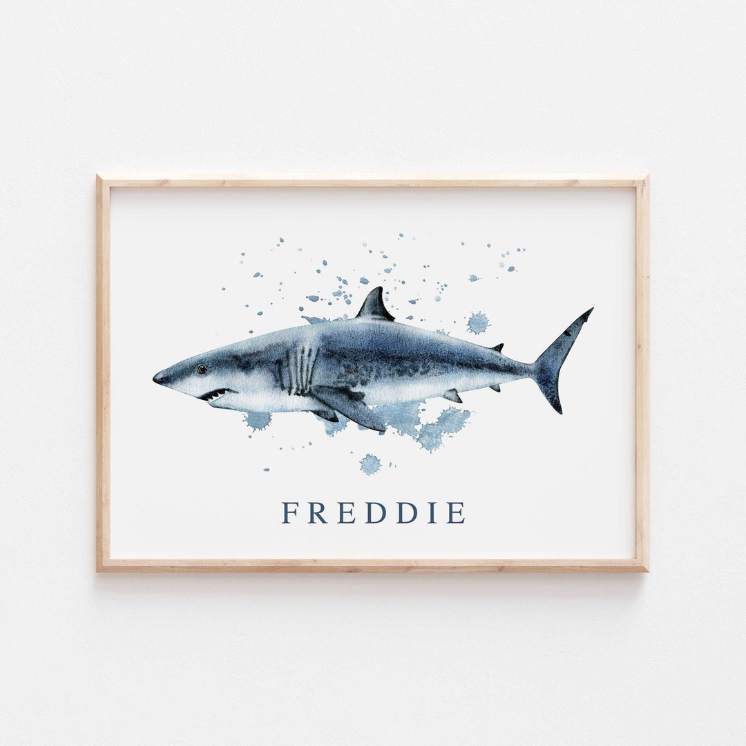 Personalised Great White Shark | Watercolour Ocean Shark Name Print Children's Kids Bedroom Nursery Decor Wall Art Marine Life Sea Creatures