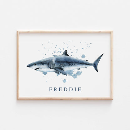 Personalised Great White Shark | Watercolour Ocean Shark Name Print Children's Kids Bedroom Nursery Decor Wall Art Marine Life Sea Creatures