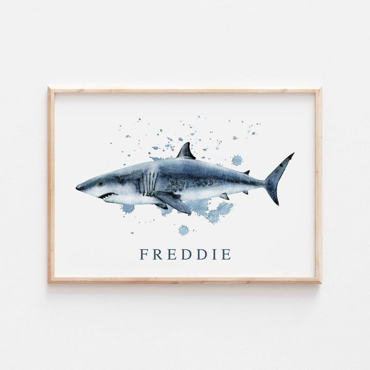 Personalised Great White Shark | Watercolour Ocean Shark Name Print Children's Kids Bedroom Nursery Decor Wall Art Marine Life Sea Creatures