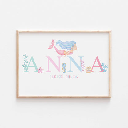 Pastel Mermaid Print | Personalised Ocean Myth Sea life fish marine Alphabet Print Poster Educational Kids Bedroom Nursery Decor Wall Art