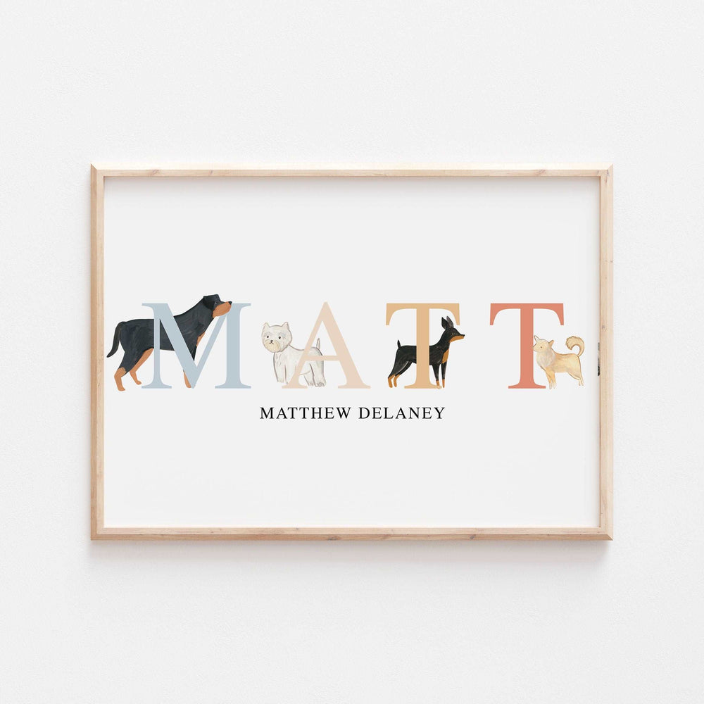 Dog Breed Print | Personalised Dogs Puppy Lover Pet Art | Gift Alphabet Print Poster Furbaby Kids Bedroom Nursery Decor Wall Art