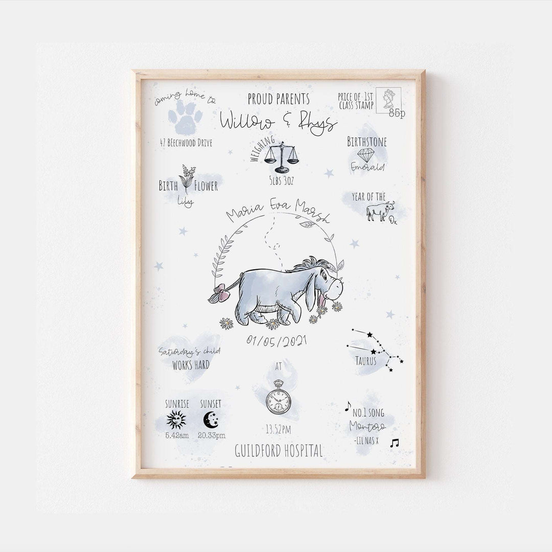 Eeyore | Personalised The Day You Were Born Newborn Print Winnie Pooh Disney Watercolour Bedroom Nursery Decor Baby Gift Mothers Day Pixar