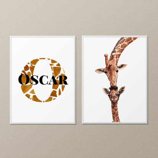 Personalised Baby Giraffe Print | Safari Jungle Animals Print Illustration African Decor Nursery Wall Art Children's Kids Bedroom Posters