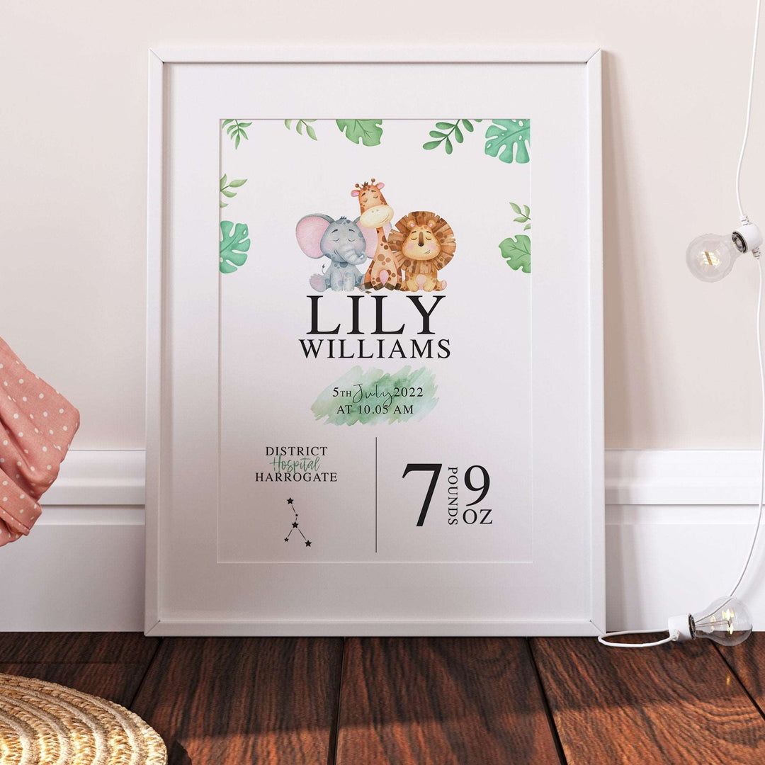 Personalised The Day You Were Born Jungle Safari Newborn Print Watercolour Bedroom Nursery Decor Baby Gift Poster Baby Shower Mothers Day