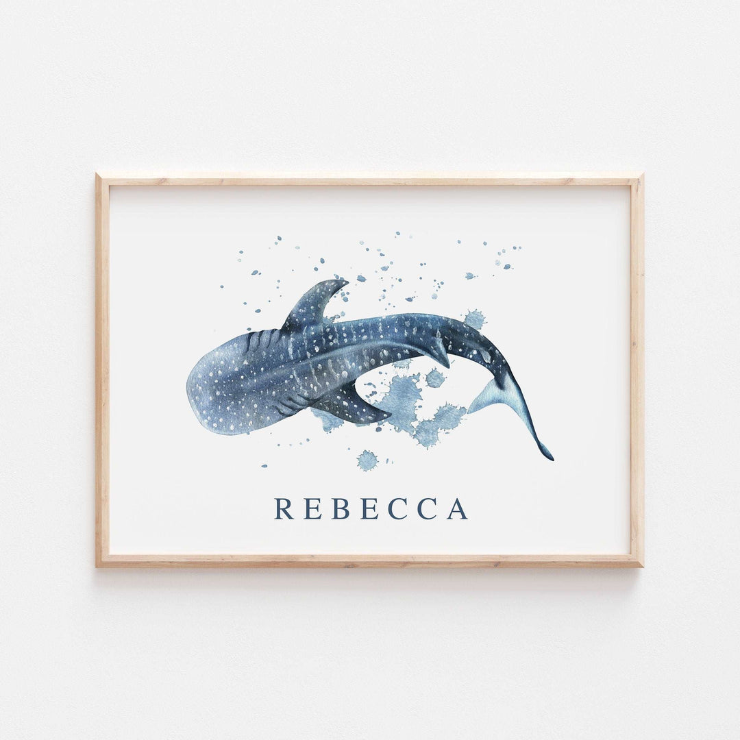 Personalised Whale Shark | Watercolour Ocean Shark Name Print Children's Kids Bedroom Nursery Decor Wall Art Marine Life Sea Creatures