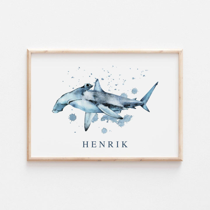 Personalised Hammerhead Shark | Watercolour Ocean Shark Name Print Children's Kids Bedroom Nursery Decor Wall Art Marine Life Sea Creatures