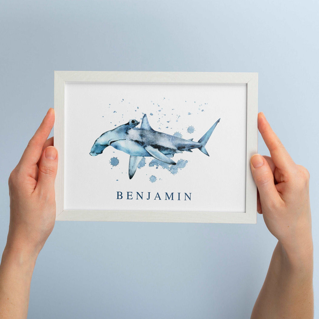 Personalised Hammerhead Shark | Watercolour Ocean Shark Name Print Children's Kids Bedroom Nursery Decor Wall Art Marine Life Sea Creatures