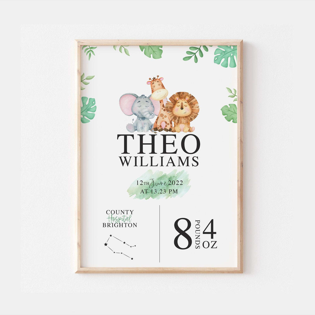 Personalised The Day You Were Born Jungle Safari Newborn Print Watercolour Bedroom Nursery Decor Baby Gift Poster Baby Shower Mothers Day