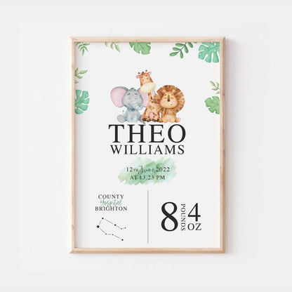 Personalised The Day You Were Born Jungle Safari Newborn Print Watercolour Bedroom Nursery Decor Baby Gift Poster Baby Shower Mothers Day