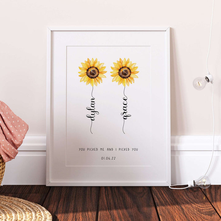 Personalised Flower Print | Sunflower Wedding Engagement Anniversary Flower Best Friends Decor Gift Family Poster Bedroom Wall Art Present