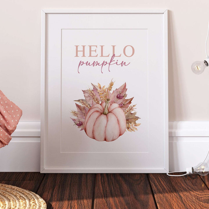 Hello Pumpkin | Kids Autumn Fall Pink Sunflower Nursery Print Baby Bedroom Decor Posters Quote Halloween Style Broom Witch Watercolour