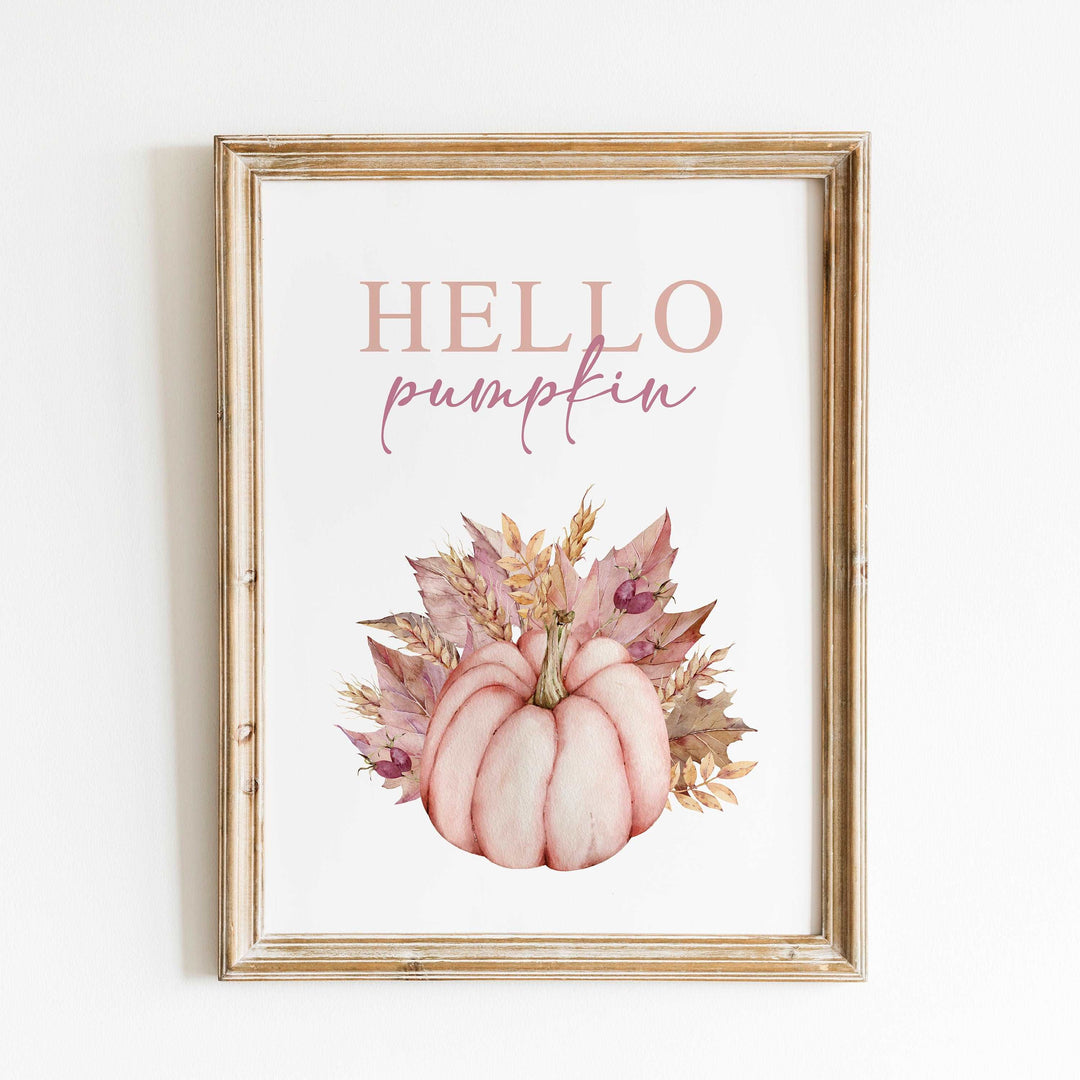 Hello Pumpkin | Kids Autumn Fall Pink Sunflower Nursery Print Baby Bedroom Decor Posters Quote Halloween Style Broom Witch Watercolour