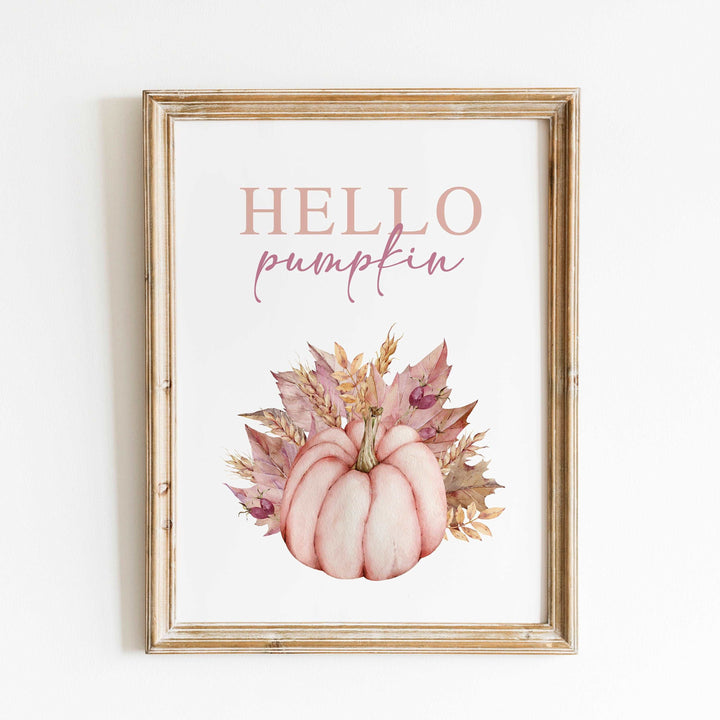 Hello Pumpkin | Kids Autumn Fall Pink Sunflower Nursery Print Baby Bedroom Decor Posters Quote Halloween Style Broom Witch Watercolour