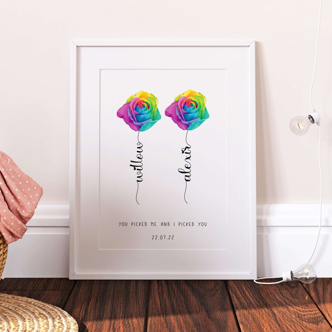 Personalised Gay Wedding Print | LGBTQ Rainbow Pride Engagement Anniversary Flower Rose Decor Gift Family Home Poster Wall Art Present