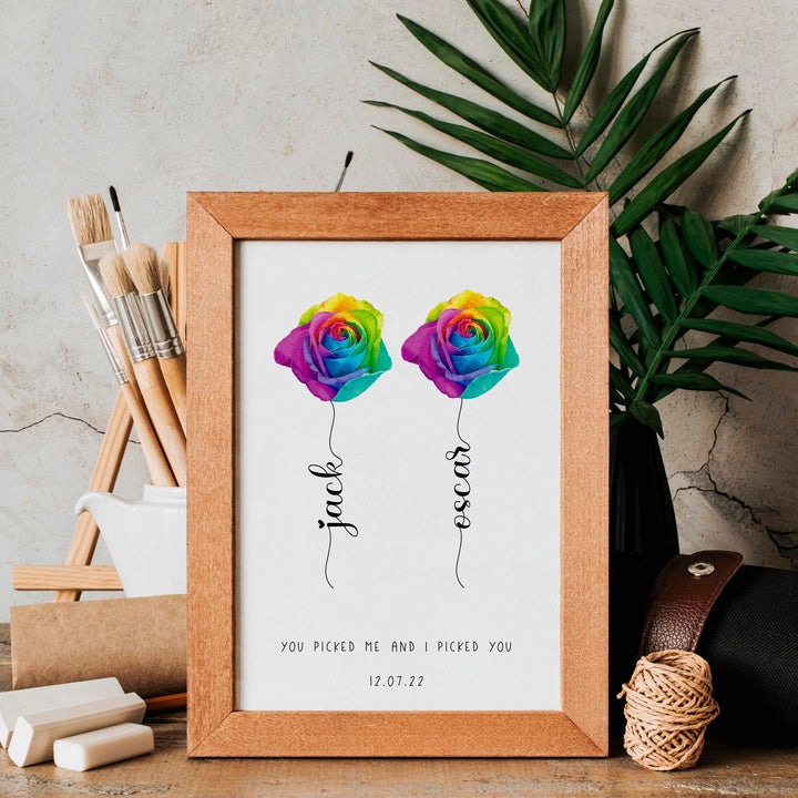 Personalised Gay Wedding Print | LGBTQ Rainbow Pride Engagement Anniversary Flower Rose Decor Gift Family Home Poster Wall Art Present