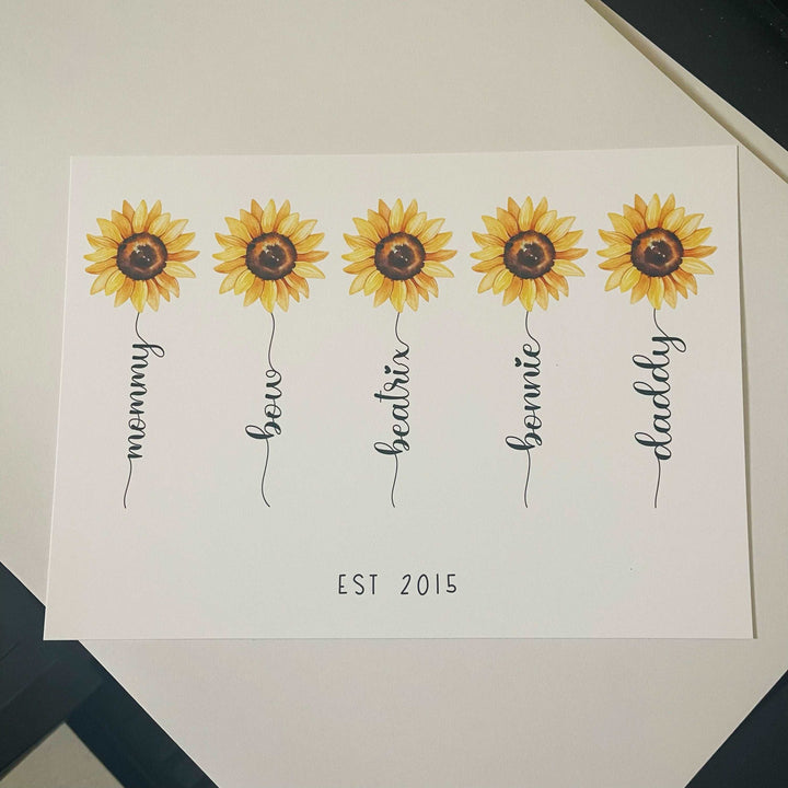 Personalised Flower Print | Sunflower Family Stem Anniversary Best Friends Decor Gift Kids Baby Family Poster Bedroom Wall Art Present