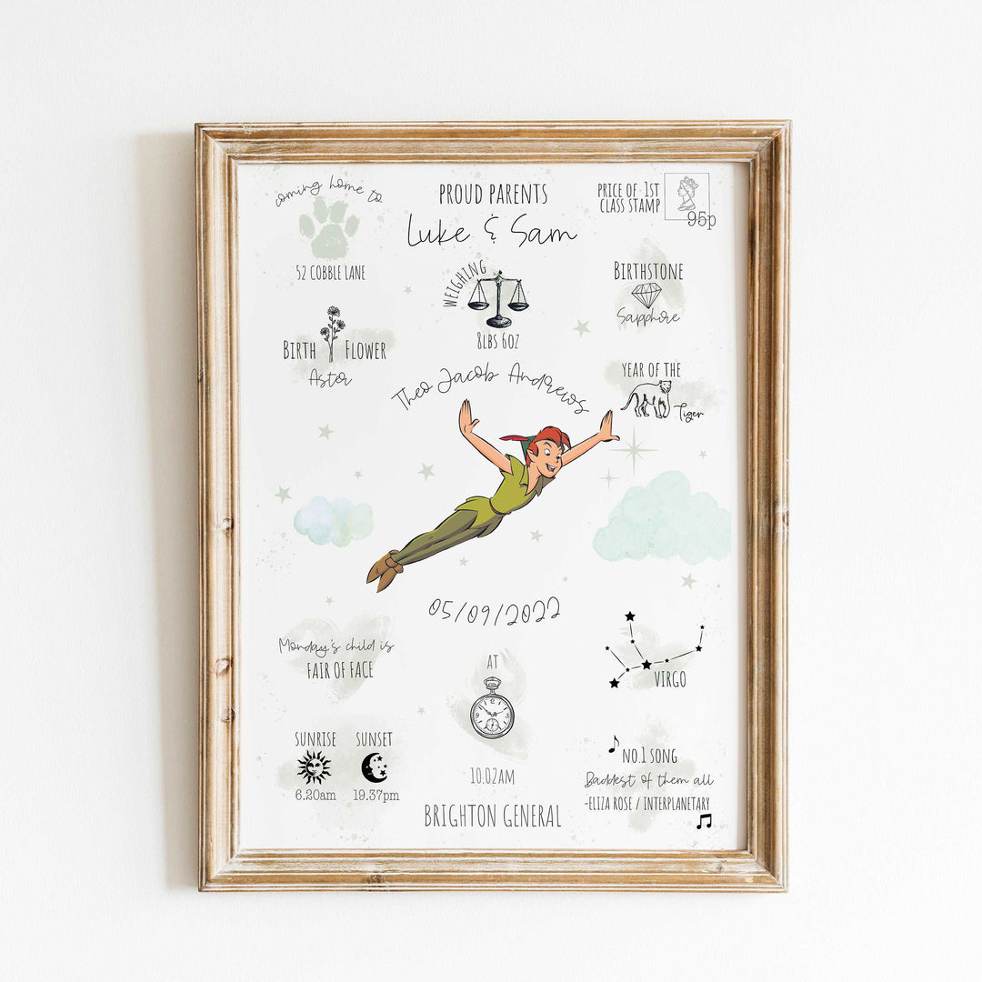 Personalised The Day You Were Born Newborn Print | Peter Pan Disney Watercolour Bedroom Nursery Decor Baby Gift Mothers Day Pixar Neverland