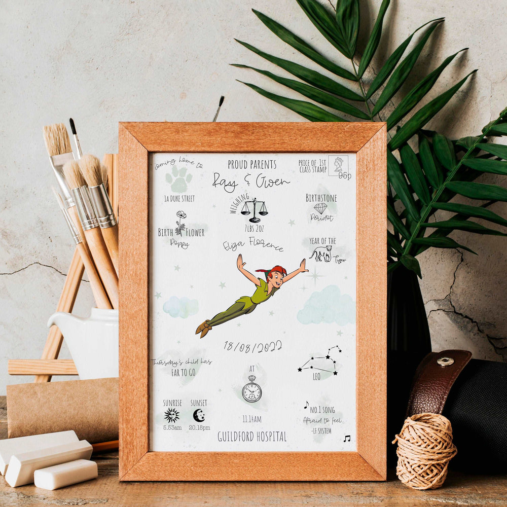 Personalised The Day You Were Born Newborn Print | Peter Pan Disney Watercolour Bedroom Nursery Decor Baby Gift Mothers Day Pixar Neverland