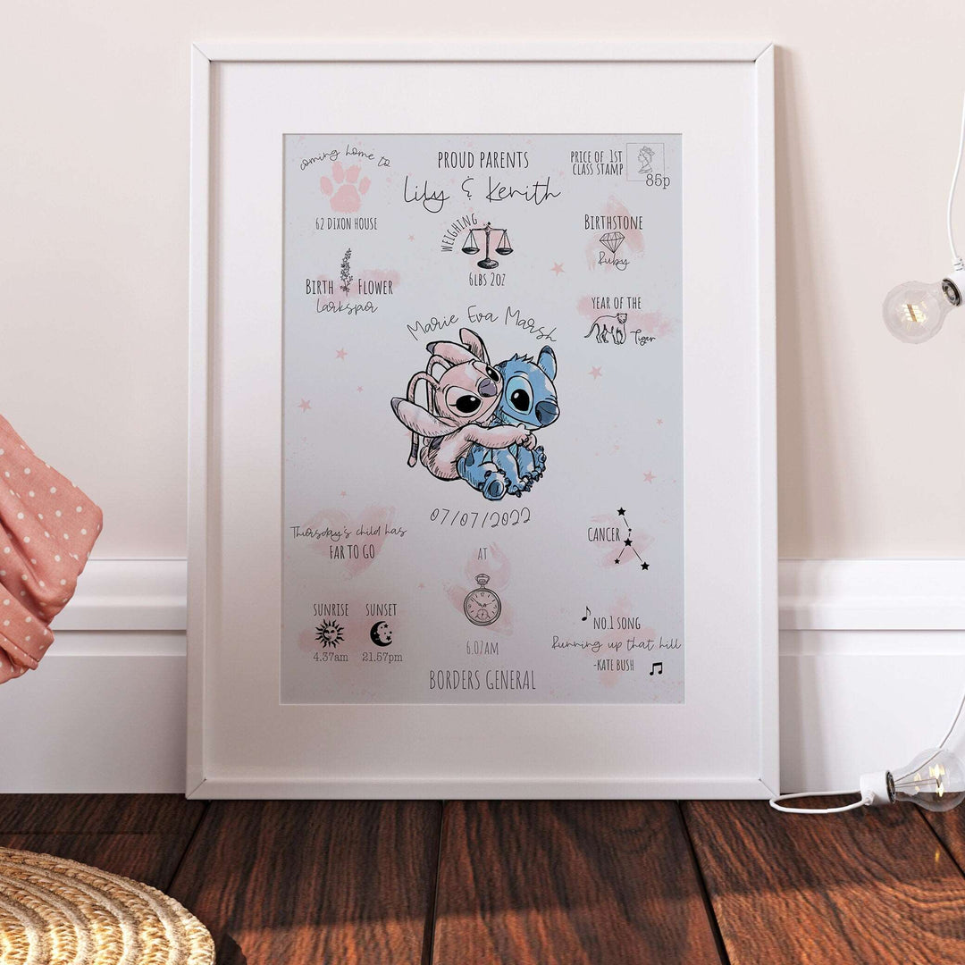 Personalised The Day You Were Born Newborn Print Stitch & Angel Alien Disney Watercolour Bedroom Nursery Baby Gift Poster Shower Mothers Day