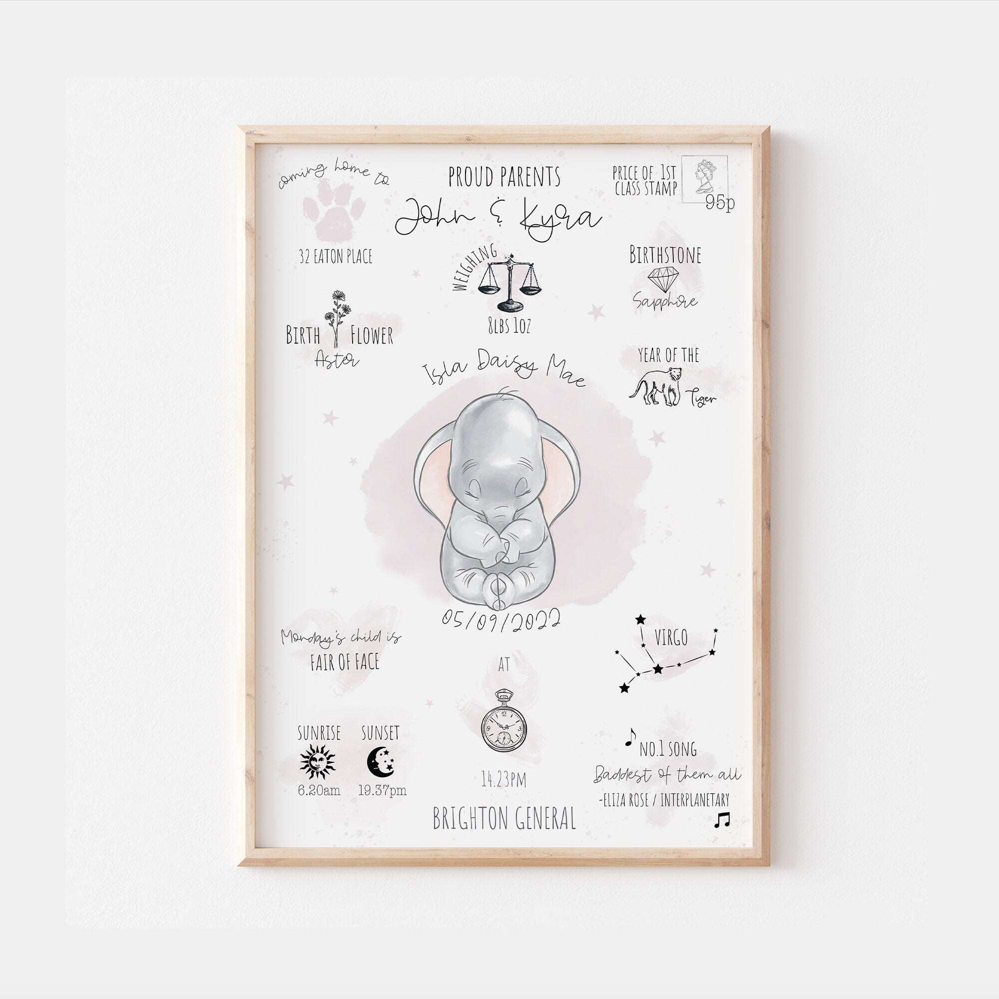 Personalised Dumbo Princess Bedroom Door Sign – 20cm X 10cm Gloss Pink Plastic, Kids Room Decor, Comic & Movie Theme