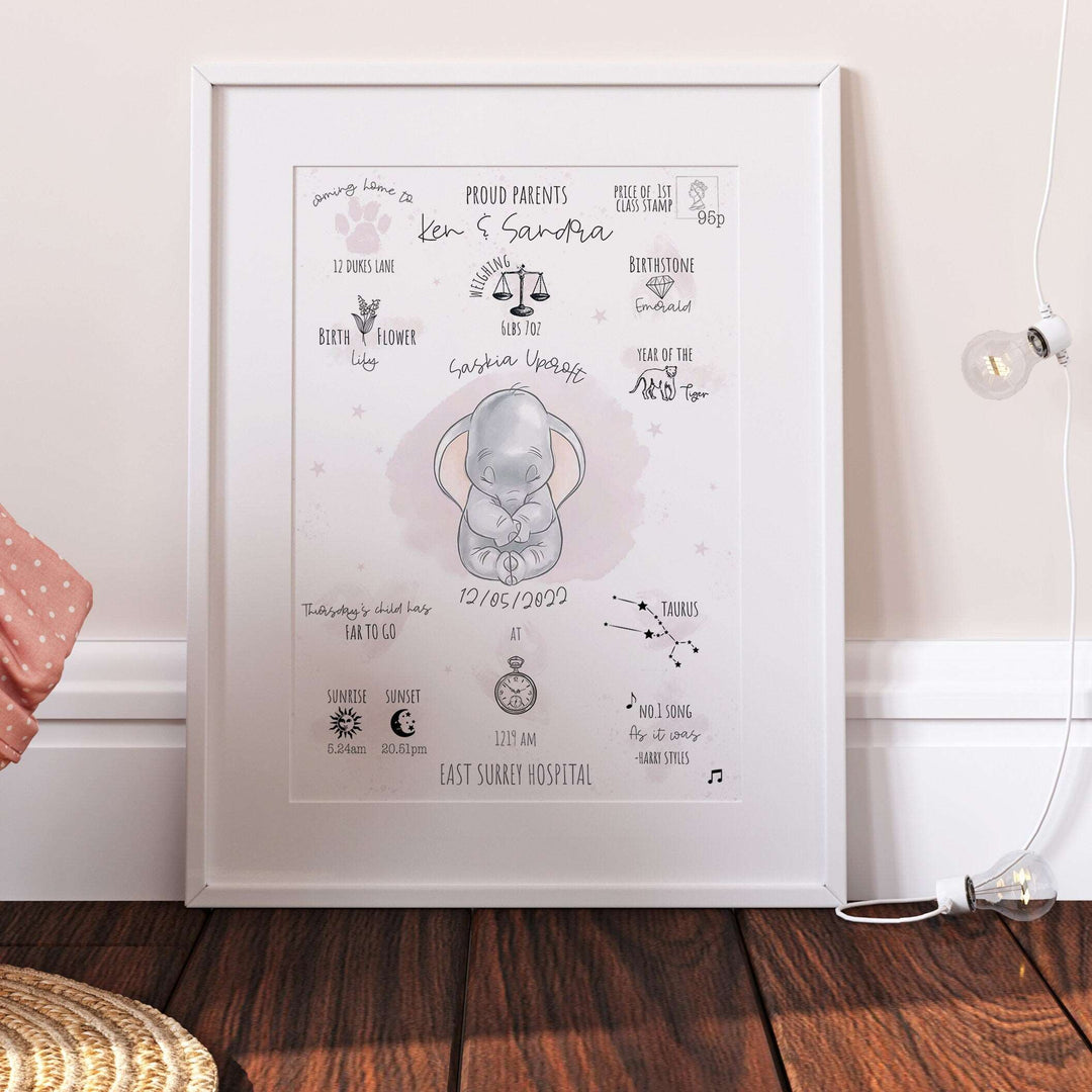 Personalised The Day You Were Born Newborn Print | Dumbo Disney Watercolour Gift | Bedroom Nursery Decor Baby Gift Mothers Day Pixar Poster