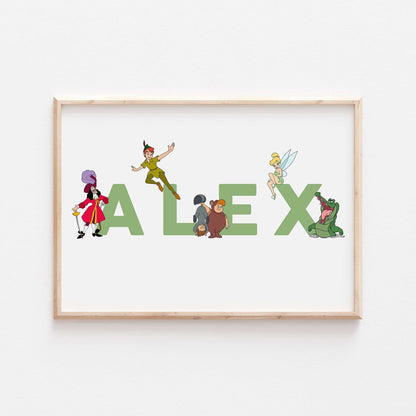 Peter Pan Personalised Print | Tinkerbell Hook Lost Boys Crocodile Bedroom Kids Children Nursery Bedroom Art Wall Disney Pixar