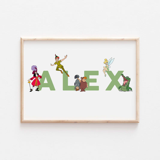 Peter Pan Personalised Print | Tinkerbell Hook Lost Boys Crocodile Bedroom Kids Children Nursery Bedroom Art Wall Disney Pixar