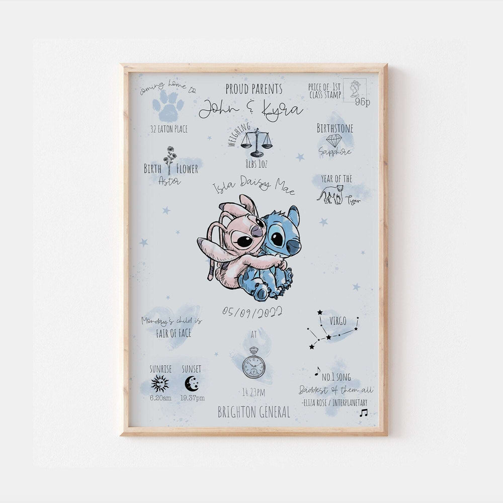 Personalised The Day You Were Born Newborn Print Stitch & Angel Alien Disney Watercolour Bedroom Nursery Baby Gift Poster Shower Mothers Day