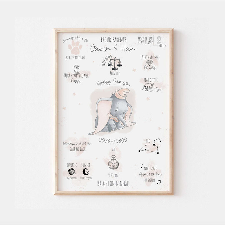 Personalised The Day You Were Born Newborn Print Dumbo Disney Watercolour Bedroom Nursery Decor Baby Gift Mothers Day Pixar