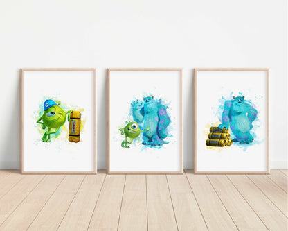 Monster Inc Prints | Watercolour Sulley Mike Wazowski Boo Bedroom Kids Children Nursery Bedroom Art Wall Disney Pixar