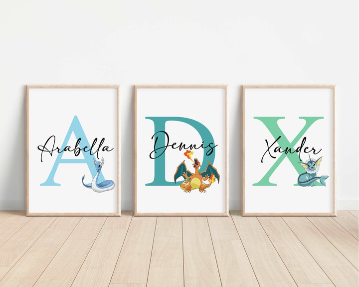 Pokemon Personalised Print |Pikachu Eeve Charmander Squirtle Charizard Cubone Bedroom Kids Children Nursery Bedroom Art Wall Disney Pixar