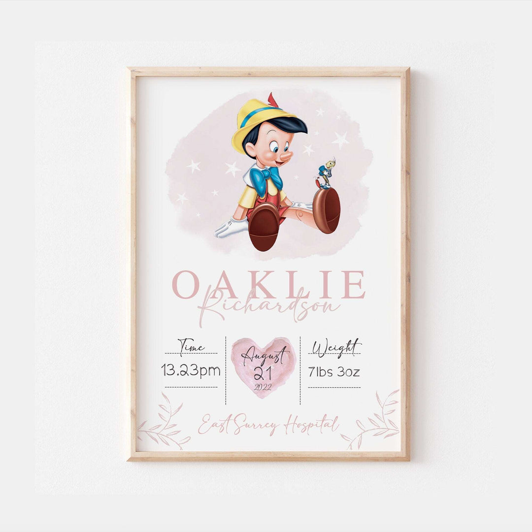 Personalised The Day You Were Born | Pinocchio Disney Newborn Print Watercolour Bedroom Nursery Decor Baby Gift Poster Baby Shower Mothers