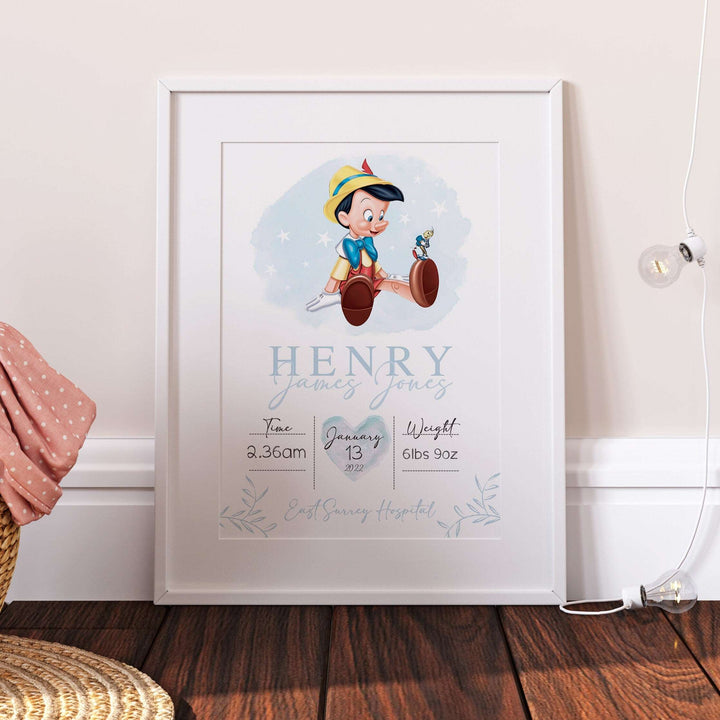 Personalised The Day You Were Born | Pinocchio Disney Newborn Print Watercolour Bedroom Nursery Decor Baby Gift Poster Baby Shower Mothers