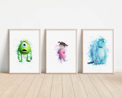 Monster Inc Prints | Watercolour Sulley Mike Wazowski Boo Bedroom Kids Children Nursery Bedroom Art Wall Disney Pixar