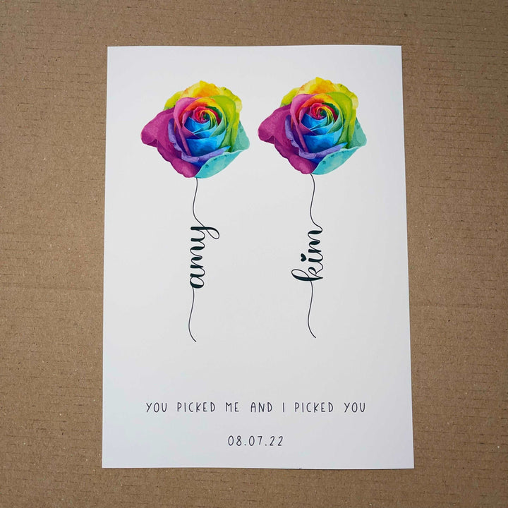 Personalised Gay Wedding Print | LGBTQ Rainbow Pride Engagement Anniversary Flower Rose Decor Gift Family Home Poster Wall Art Present