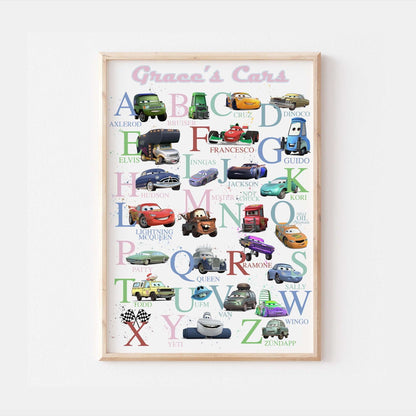 Cars Personalised Alphabet Print | Lightning McQueen Sally Doc Mater Bedroom Kids Children Nursery Bedroom Art Wall Disney Pixar