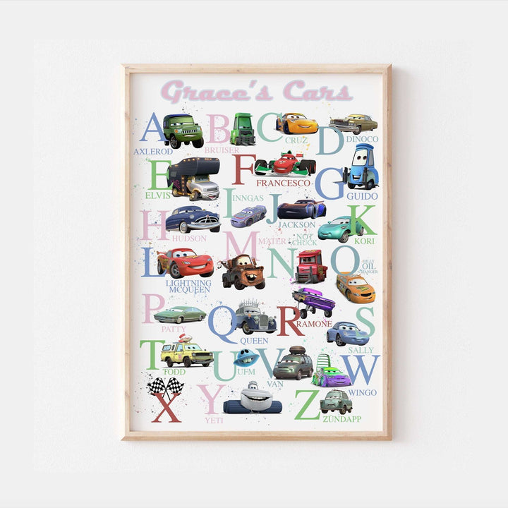 Cars Personalised Alphabet Print | Lightning McQueen Sally Doc Mater Bedroom Kids Children Nursery Bedroom Art Wall Disney Pixar