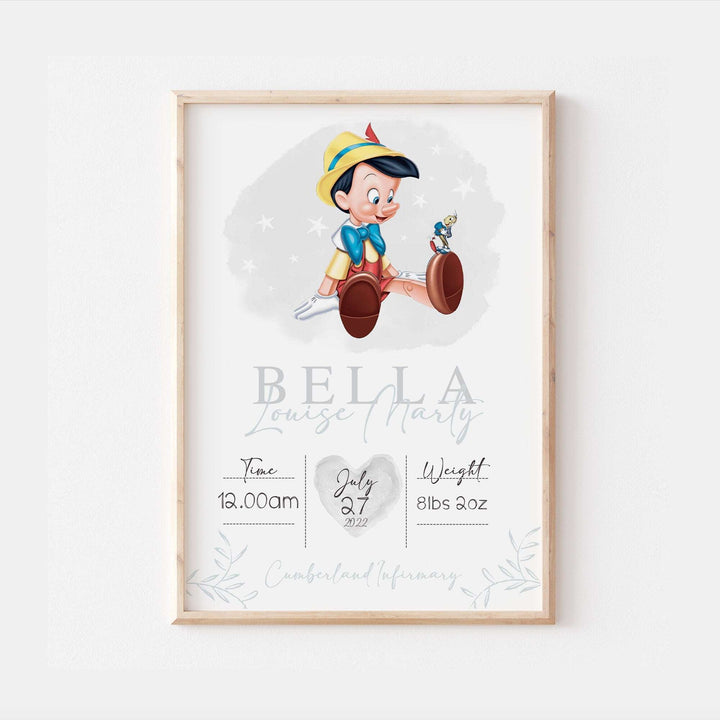 Personalised The Day You Were Born | Pinocchio Disney Newborn Print Watercolour Bedroom Nursery Decor Baby Gift Poster Baby Shower Mothers