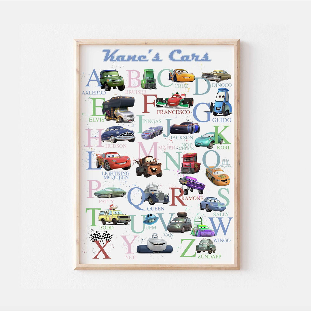 Cars Personalised Alphabet Print | Lightning McQueen Sally Doc Mater Bedroom Kids Children Nursery Bedroom Art Wall Disney Pixar