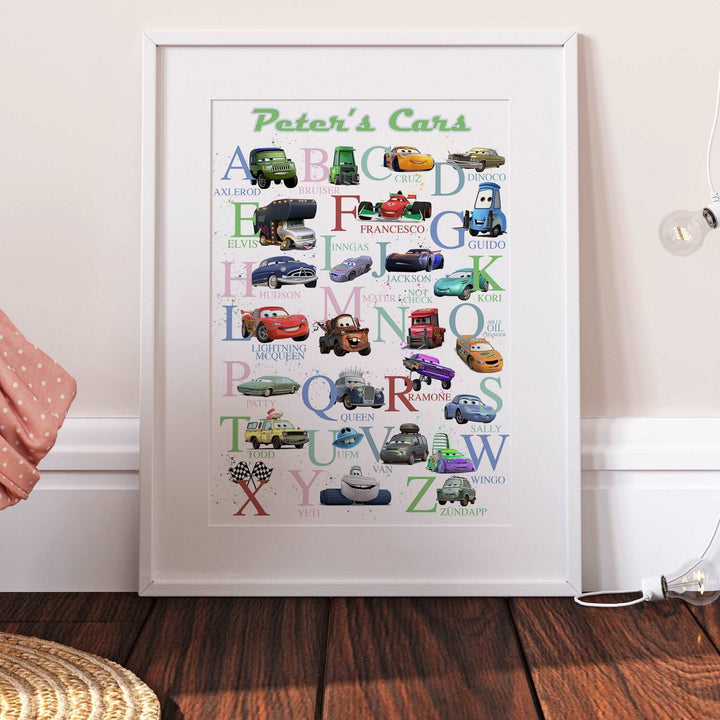 Cars Personalised Alphabet Print | Lightning McQueen Sally Doc Mater Bedroom Kids Children Nursery Bedroom Art Wall Disney Pixar