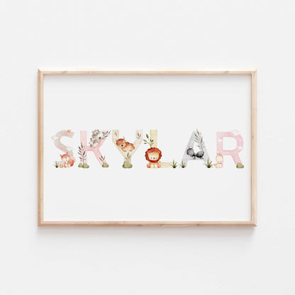 Personalised Animal Name Print | Safari Jungle Animals Alphabet Children’s Nursery Wall Art Decor Kids Newborn bedroom gift newborn Baby